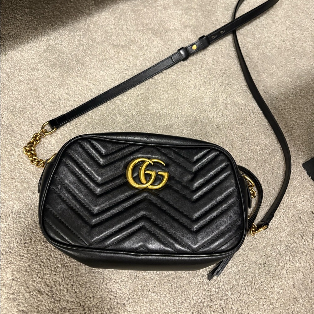 Gucci Black Chevron Crossbody Bag with Gold Accents